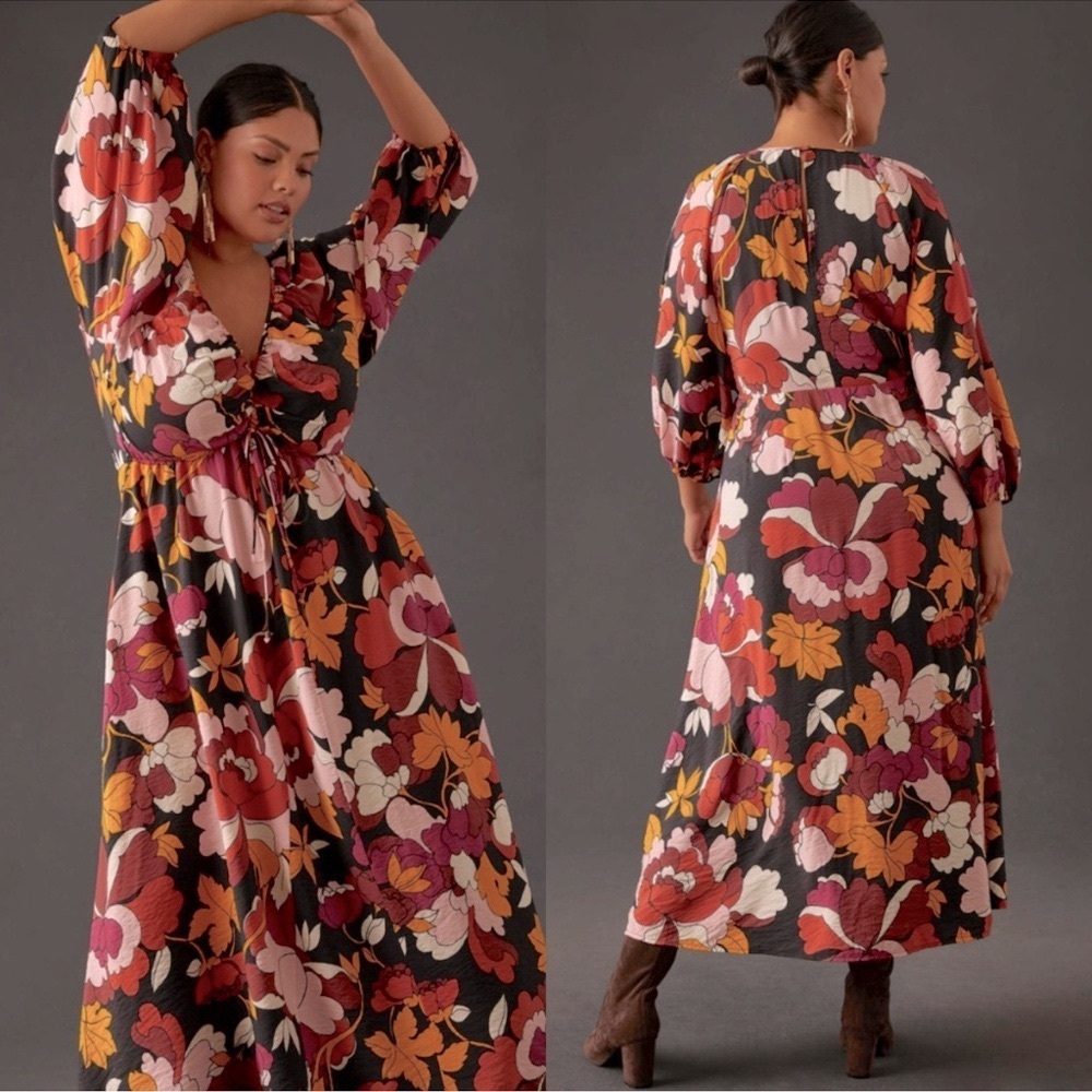 Anthropologie Maeve Deep V Ruched Floral Midi Dress Size 6-8